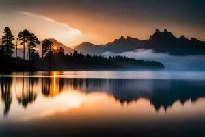 ein schön Sonnenaufgang Über ein See mit Berge im das Hintergrund. KI-generiert foto