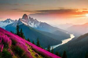 das Sonne steigt an Über das Berge und Blumen im das Vordergrund. KI-generiert foto