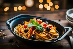 Spaghetti mit Brombeeren und Tomaten im ein schwarz Schüssel. KI-generiert foto