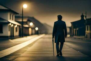 ein Mann im ein passen Spaziergänge Nieder ein Straße beim Nacht. KI-generiert foto