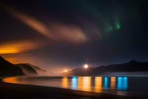 das Aurora Borealis Beleuchtung oben das Himmel Über ein See. KI-generiert foto