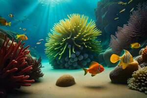 Foto Hintergrund Meer, Koralle, Fisch, Anemone, Anemone, Koralle, Fisch. KI-generiert