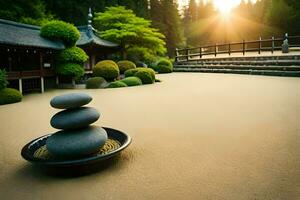 ein japanisch Garten mit ein Stein Turm und ein Pagode. KI-generiert foto