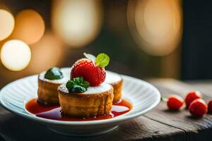 ein Teller mit ein Dessert und Erdbeeren. KI-generiert foto