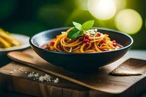 Spaghetti mit Granatapfel und Basilikum auf ein hölzern Tafel. KI-generiert foto