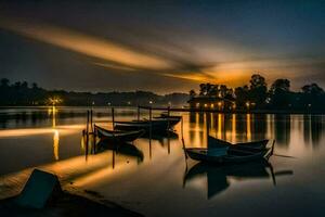 Boote auf das See beim Sonnenuntergang. KI-generiert foto