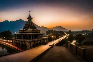 das Sonnenuntergang Über das Tempel im das Hintergrund. KI-generiert foto