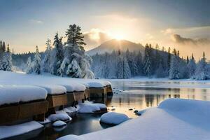 Foto Hintergrund das Himmel, Schnee, Bäume, See, Sonne, Berge, Fluss, Schnee,. KI-generiert