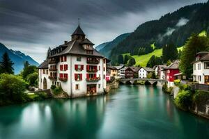 ein Fluss läuft durch ein Stadt, Dorf im das Berge. KI-generiert foto