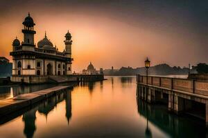 das Sonne setzt Über ein Moschee im Indien. KI-generiert foto