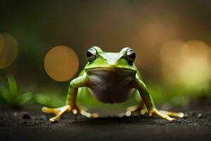 ein Frosch ist Stehen auf das Boden mit ein verschwommen Hintergrund. KI-generiert foto