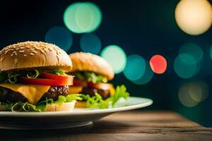 zwei Hamburger auf ein Teller mit ein verschwommen Hintergrund. KI-generiert foto