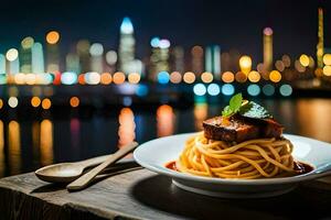 ein Teller von Spaghetti mit ein Aussicht von das Stadt. KI-generiert foto
