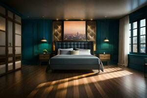 ein Schlafzimmer mit Blau Wände und Holz Etagen. KI-generiert foto