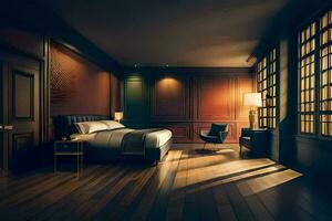 ein Schlafzimmer mit hölzern Böden und dunkel Wände. KI-generiert foto