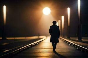 ein Mann im ein Hut Spaziergänge Nieder ein dunkel Straße beim Nacht. KI-generiert foto