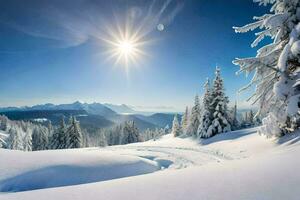 Schnee bedeckt Bäume und das Sonne leuchtenden Über das Berge. KI-generiert foto