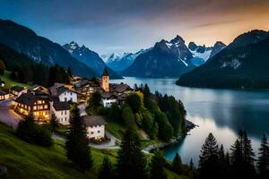 ein schön Dorf sitzt auf das Kante von ein See im das Berge. KI-generiert foto