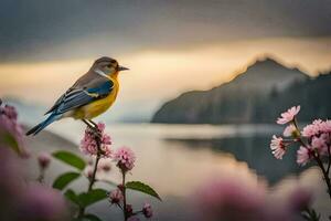 ein Vogel sitzt auf ein Blume im Vorderseite von ein See. KI-generiert foto