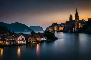 Foto Hintergrund das Himmel, Wasser, Berge, Kirche, See, Stadt, Kirche, See,. KI-generiert