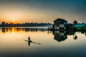 ein Mann ist Stehen auf ein Boot im Vorderseite von ein Haus beim Sonnenaufgang. KI-generiert foto