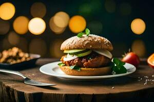 ein Hamburger mit Käse, Tomate und Grüner Salat auf ein Platte. KI-generiert foto