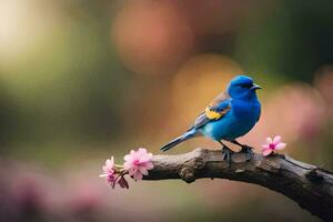 ein Blau Vogel sitzt auf ein Ast mit Rosa Blumen. KI-generiert foto