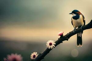 ein Vogel sitzt auf ein Ast mit Blumen im das Hintergrund. KI-generiert foto