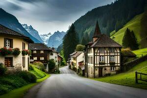 Foto Hintergrund das Himmel, Berge, Straße, Häuser, Bäume, Dorf, das Alpen,. KI-generiert