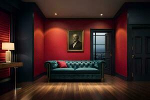ein Zimmer mit rot Wände und ein Blau Couch. KI-generiert foto