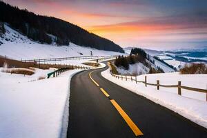 ein Straße im das Berge mit Schnee und ein Sonnenuntergang. KI-generiert foto
