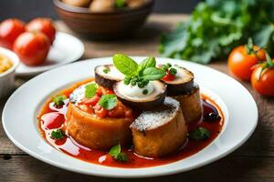 ein Teller von Essen mit Tomate Soße und Käse. KI-generiert foto