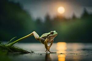 ein Frosch ist Stehen auf das Kante von das Wasser mit es ist Beine Verbreitung aus. KI-generiert foto