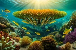 ein unter Wasser Szene mit bunt Korallen und Fisch. KI-generiert foto