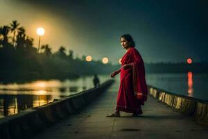 ein Frau im ein rot Sari Spaziergänge entlang ein Seebrücke beim Nacht. KI-generiert foto