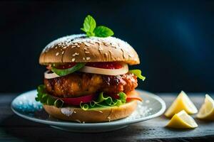 ein Hähnchen Burger mit Grüner Salat und Tomaten. KI-generiert foto