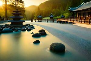 ein japanisch Pagode im das Mitte von ein Fluss. KI-generiert foto