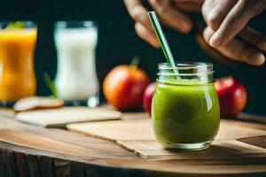 ein Person ist halten ein Grün Smoothie im ein Krug. KI-generiert foto