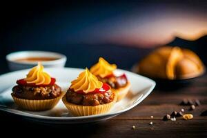 drei Mini Cupcakes auf ein Teller mit ein Tasse von Kaffee. KI-generiert foto