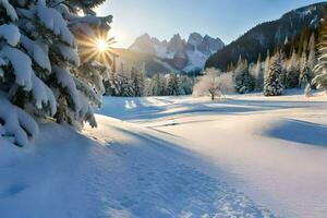 Schnee bedeckt Bäume und Berge im das Sonne. KI-generiert foto
