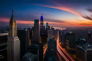 das Stadt Horizont beim Sonnenuntergang mit lange Belichtung. KI-generiert foto