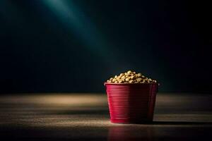 ein rot Tasse gefüllt mit Popcorn auf ein dunkel Tisch. KI-generiert foto