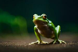 ein Frosch ist Stehen auf das Boden mit ein dunkel Hintergrund. KI-generiert foto