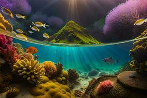Foto Hintergrund Meer, Koralle, Fisch, Sonne, Wasser, Riff, Berge, Unterwasser, unter Wasser. KI-generiert