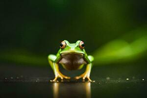 ein Frosch ist Stehen auf ein schwarz Oberfläche. KI-generiert foto