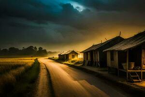 ein Straße führen zu ein Dorf mit Hütten und ein stürmisch Himmel. KI-generiert foto