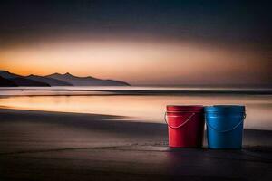 zwei Eimer sitzen auf das Strand beim Sonnenuntergang. KI-generiert foto