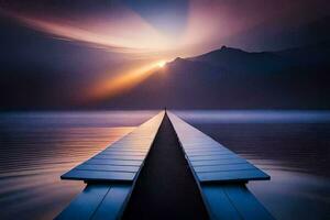 ein lange Seebrücke Dehnen in das Wasser beim Sonnenuntergang. KI-generiert foto