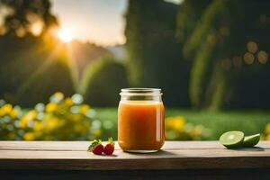 ein Glas Krug von Saft auf ein hölzern Tabelle mit ein Sonnenuntergang im das Hintergrund. KI-generiert foto