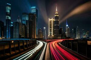 ein Stadt beim Nacht mit der Verkehr Beleuchtung und Gebäude. KI-generiert foto